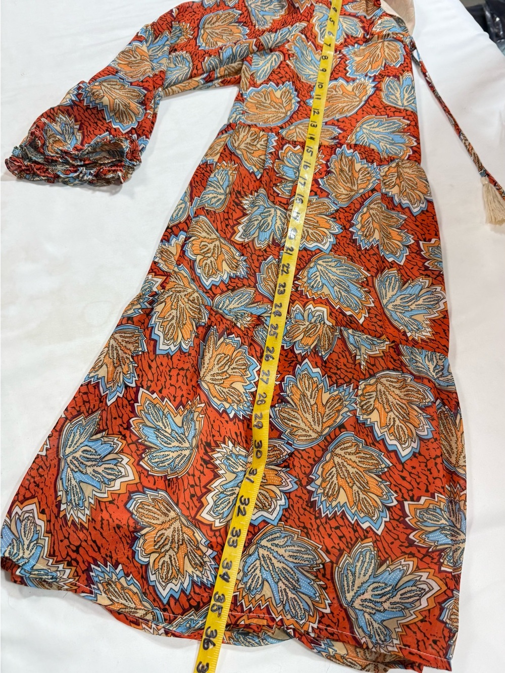 THML Rust Orange Floral Tassel-Front Long Sleeve tiered mini Dress size S - Picture 13 of 13